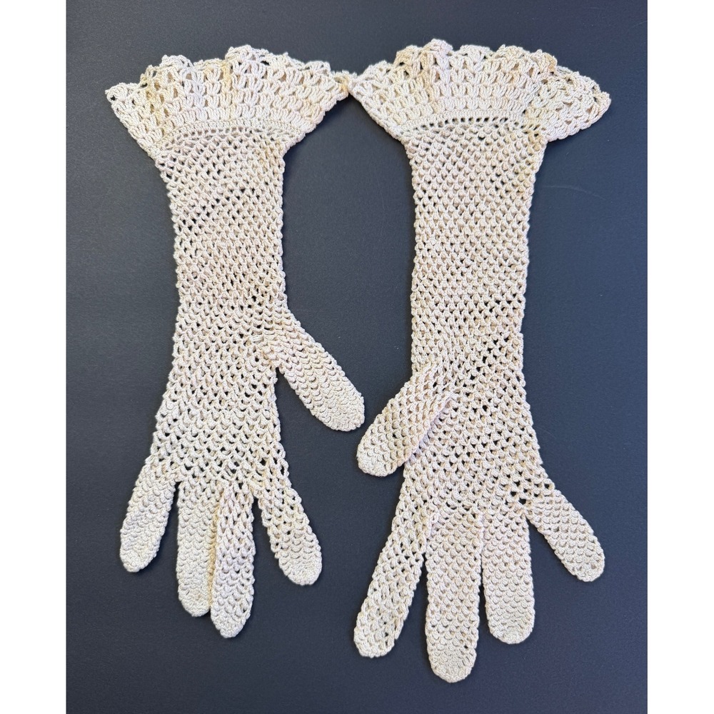Vintage Edwardian Crochet Lace Gloves Cream Cotton Scalloped Ruffle Tea Party 12